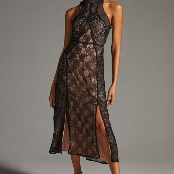 Anthropologie Structured Midi Dress Black Lace - Picture 2 of 3